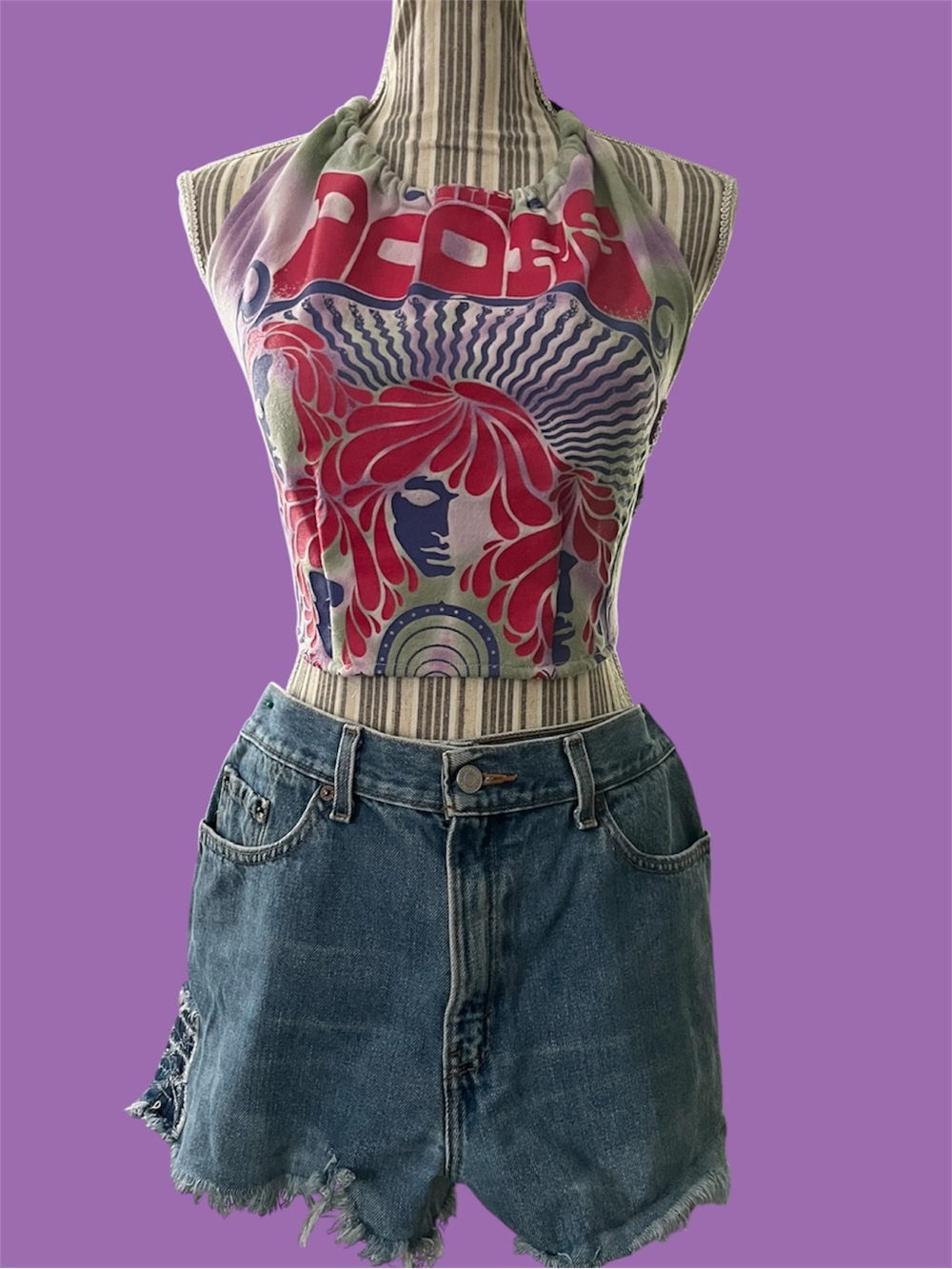 Handmade the Doors Graphic Halter Crop Top in Pink, Blue, and Green - Picture 7 of 9
